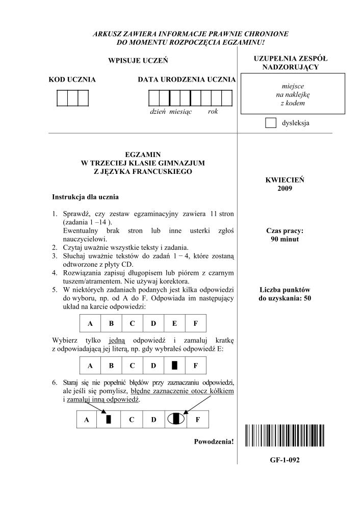 Pytania-jezyk-francuski-egzamin-gimnazjalny-2009-strona-01