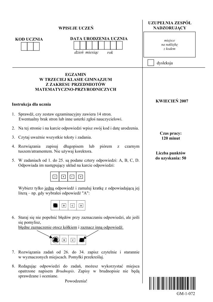 Pytania-czesc-matematyczno-przyrodnicza-egzamin-gimnazjalny-2007-strona-01